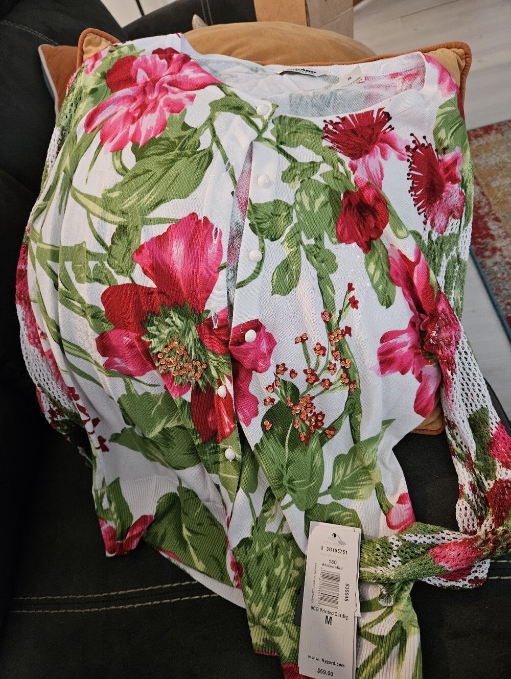 Nygard Floral Cardigan Sweater Size M White Pink Green Embellished Beaded NWT